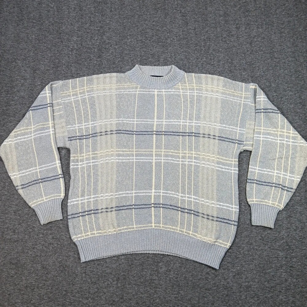 Ottimo Sweater Mens Large Gray Blue Beige Plaid Crewneck Knit Pullover Italy